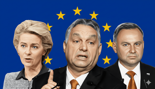 Ursula von der Leyen, Viktor Orbán, and Andrzej Duda stand before a European Union flag.