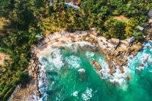 Aerial view: tropical beach, clear turquoise ocean, lush palm trees, and rocky coastline.