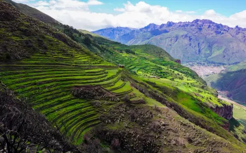 Green agricultural terraces ascend a steep mountain slope under a partly cloudy blue sky.